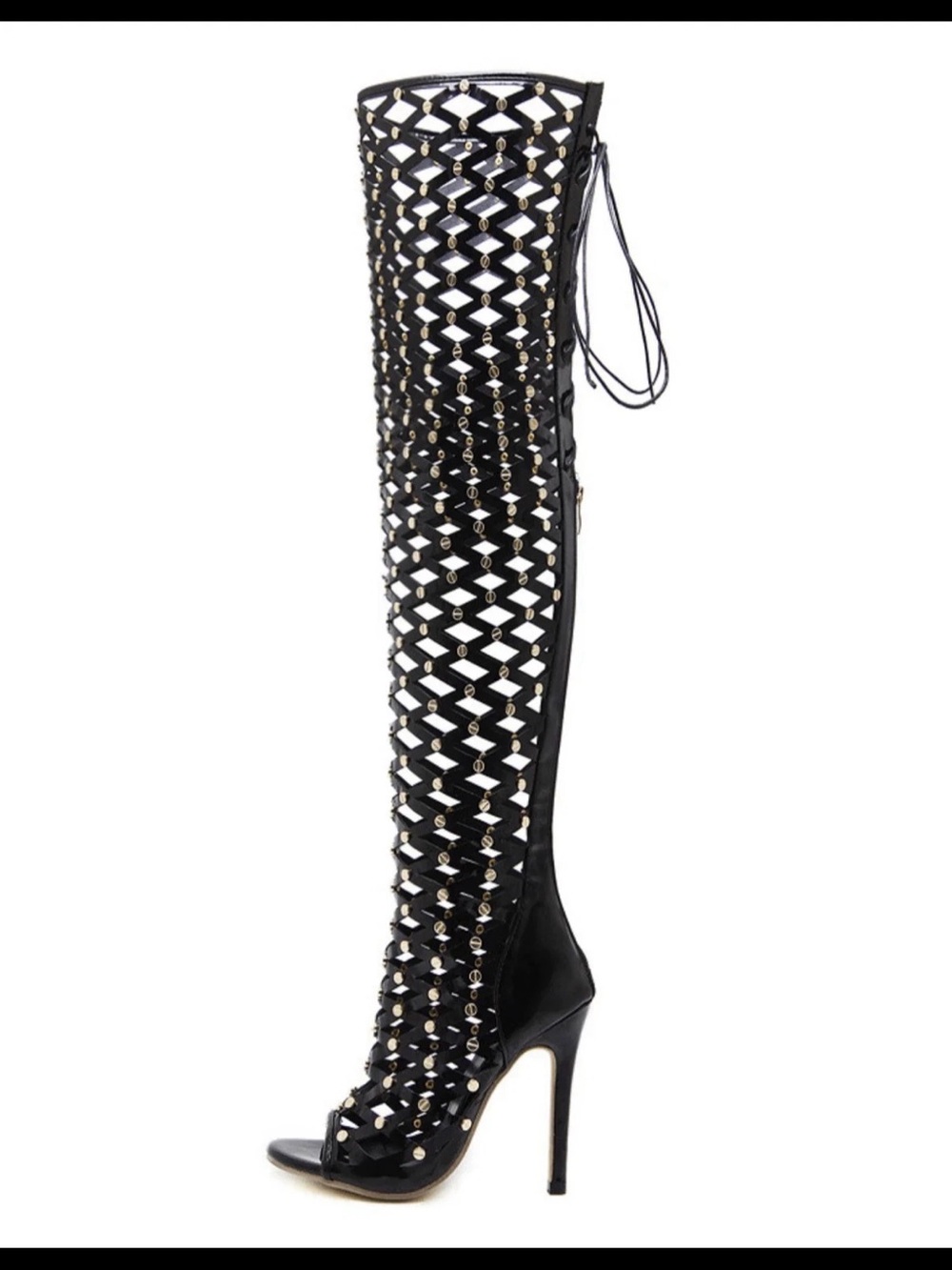 Source Unknown Black Studded Over-the-Knee Lattice Stiletto Boots